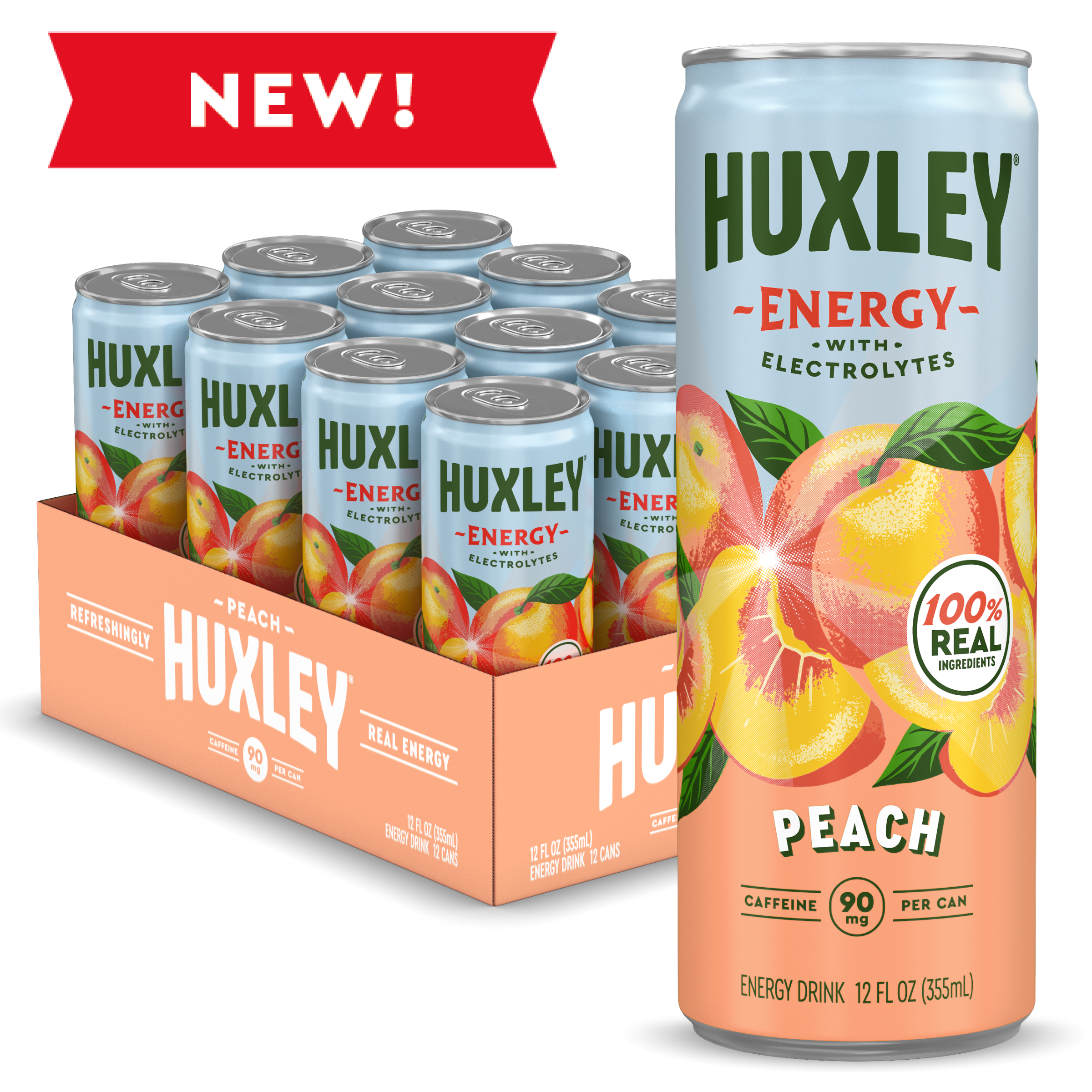 Huxley Peach Energy Drink | Real Fruit Juice, 35 Calories